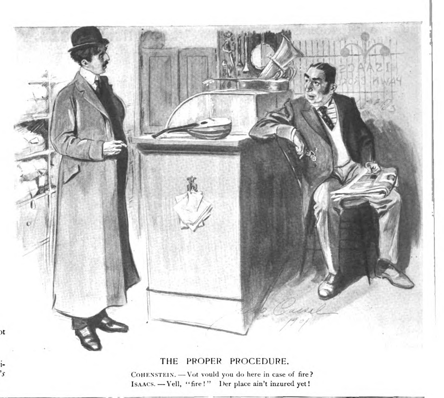 political cartoon, June 19 1901, showing two men having a discussion in a store