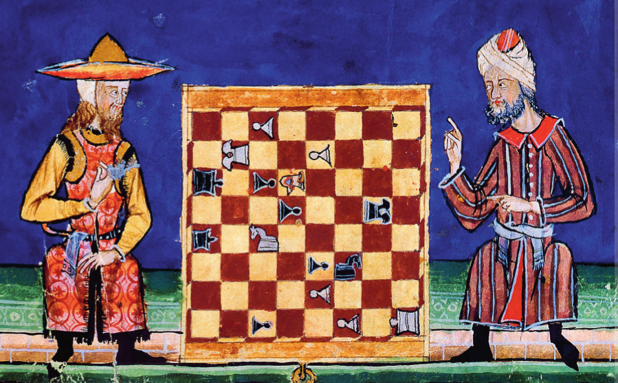 brightly colored illustration of men playing chess from medieval period