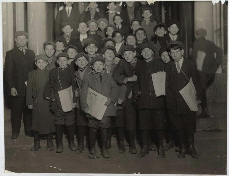 black and white photograph of photograph of newsboys called "Forwards"