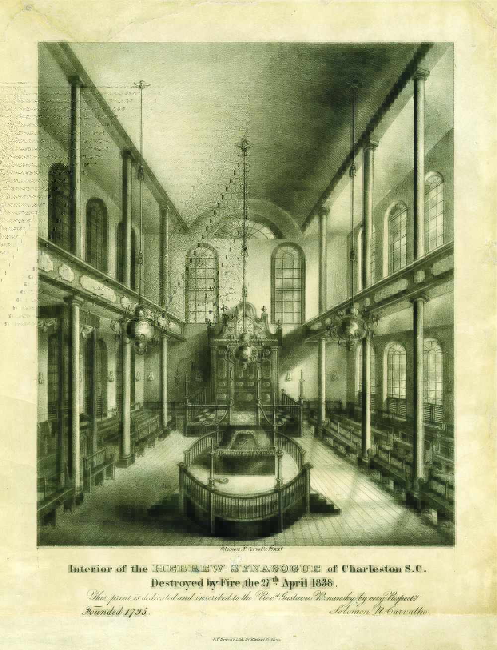 Lithographic print depicting the "Interior of the Hebrew Synagogue of Charleston, S.C…/Destroyed By Fire 27' April; 1838." 