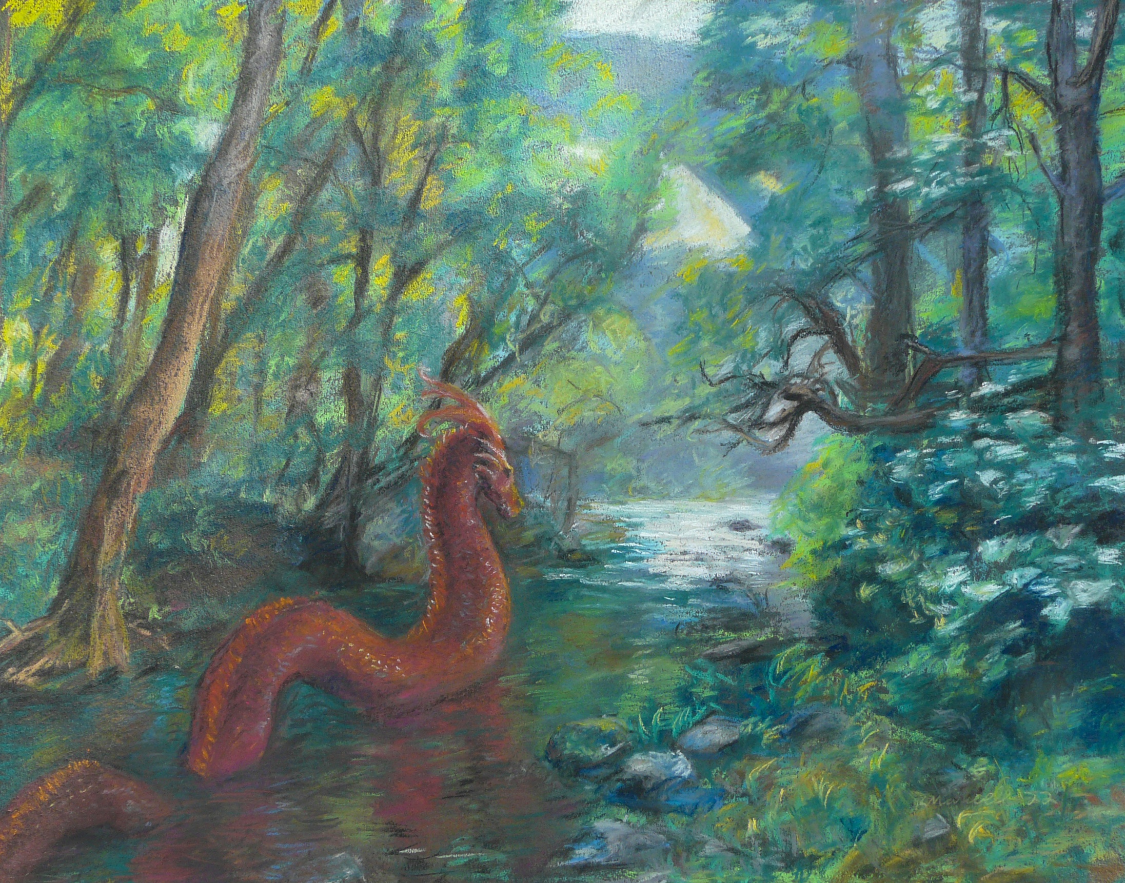 Illustration of a sea creature traversing a wooded creek