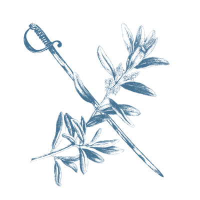 Illustration of a crossed cavalry sword and an olive branch.