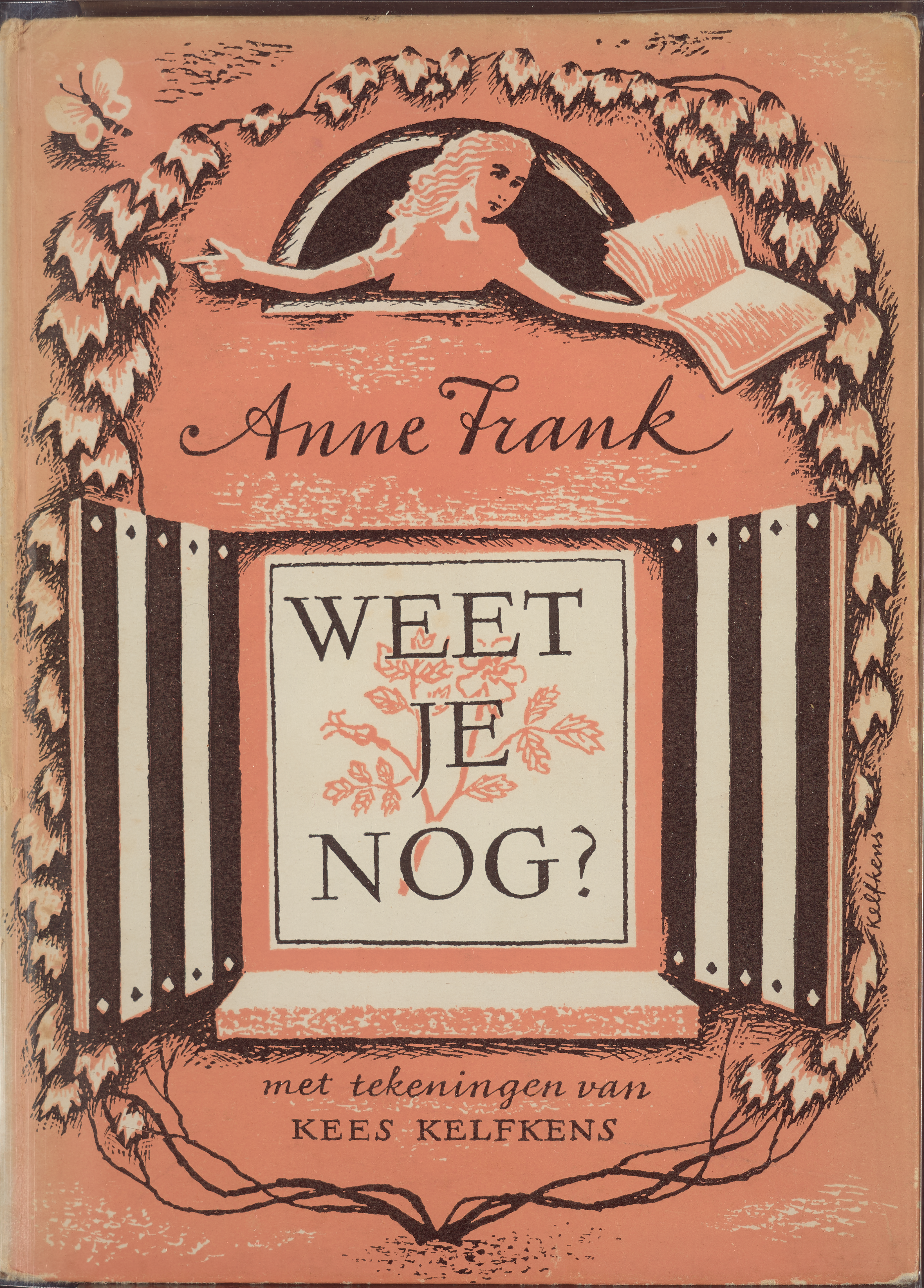 Book cover with motif of leaves and illustrations of an open windows and a young girl holding a book