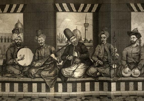 Ottoman Classical Music illustration featuring musicians and instruments