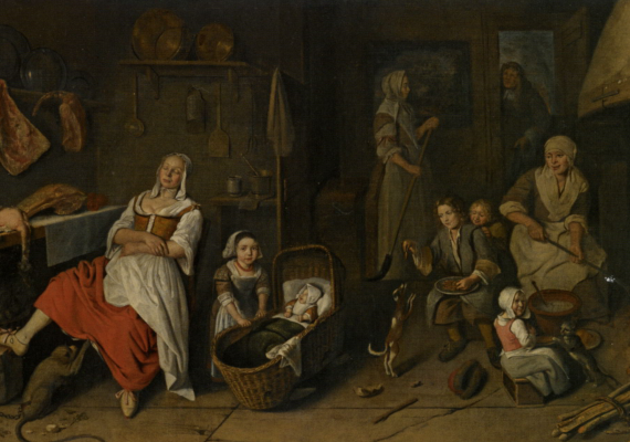 painting depicting resting woman amid dim, populous household seeking to distract her