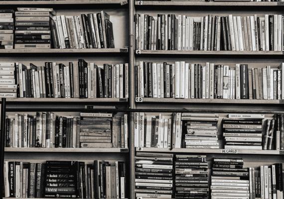 black and white photograph of bookshelves