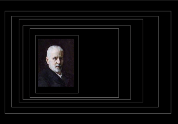 Claude Montefiore portrait in receding black boxes