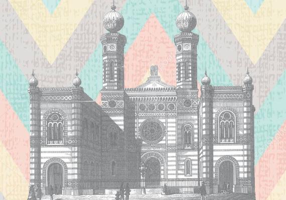 black and white illustration of ornate synagogue in front of colorful chevron-striped background