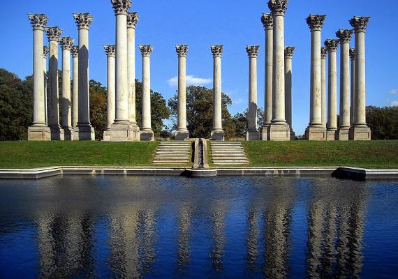 photograph of National Capitol Columns in front of man-made pool in Washington, DC