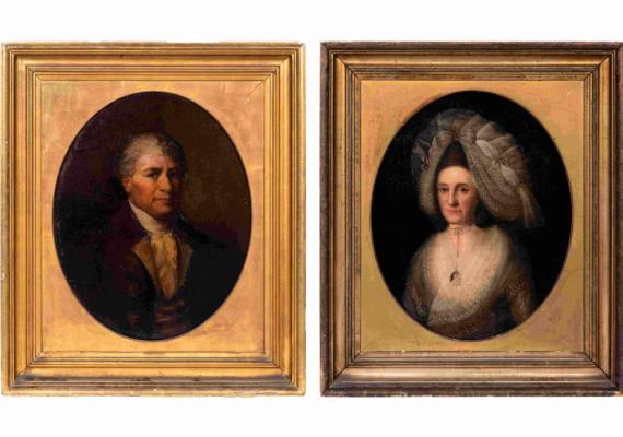 two gold-framed portraits placed side by side, each one capturing an oval-shaped portrait, one of a man, and the other of a woman