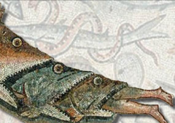mosaic of a fish swallowing a fish swallowing a fish, swallowing a man, next to boat with three men trying to save the man in the water