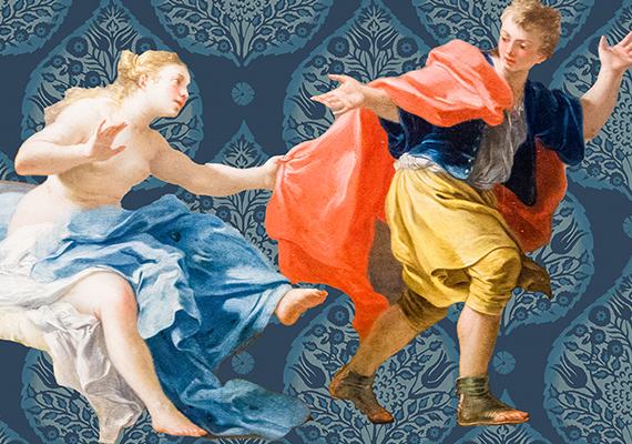cut out of renaissance style painting of a seated white woman with long dress pulling at the arm of a white man trying to flee, over a blue floral background