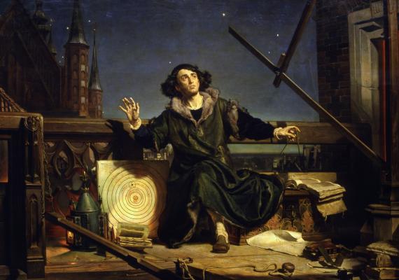 Nineteenth-century painting of Copernicus looking up at the night sky with a diagram next to him