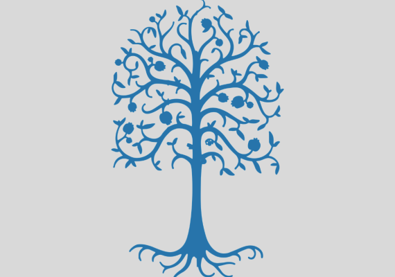 Blue silhouette of tree with pomegranates, leaves, and curling roots