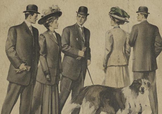 Early twentieth-century postcard depicting well-dressed young adults and a dog