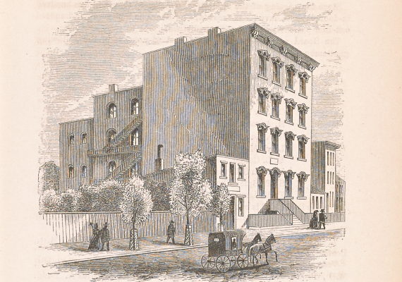 Illustration of street scene depicting pedestrians and a horse and carriage walking past a hospital.