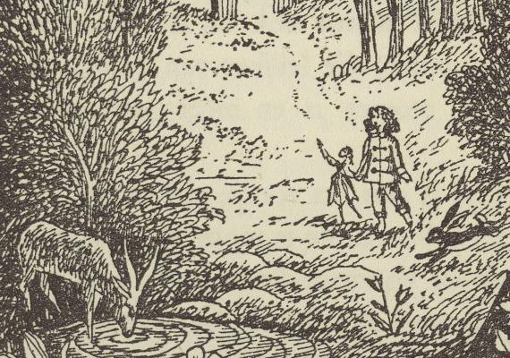 Detail of illustration of two figures walking through woods