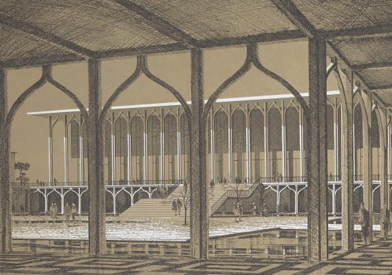 architectural illustration of Persian university library