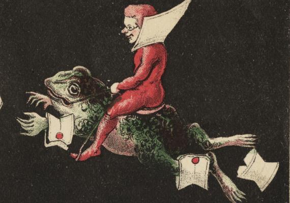 Figure in red bodysuit and exaggerated ruff rides a french cuff-wearing frog