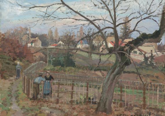 Impressionist painting of two people chatting over a fence near a tree; a third figure walks toward a small village.