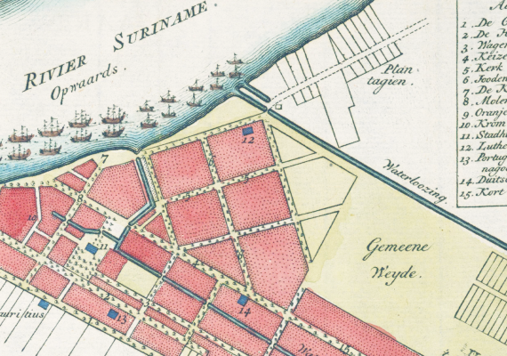 Detail of map of Suriname with illustrations of ships.