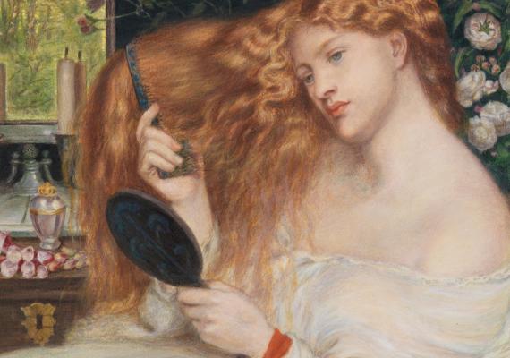 Woman gazes absently into hand mirror as she combs her long hair.