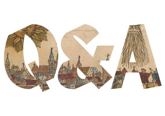 Illustration o a cityscape with personified sun and moon visible through the letters Q and A