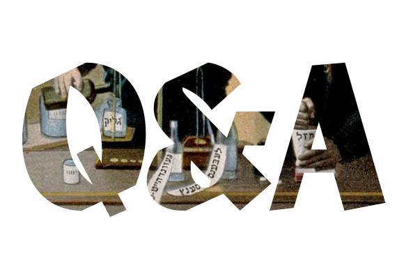 Detail of illustration of a man and a woman preparing Hebrew-labeled medicines using a scale visible through the letters Q and A..