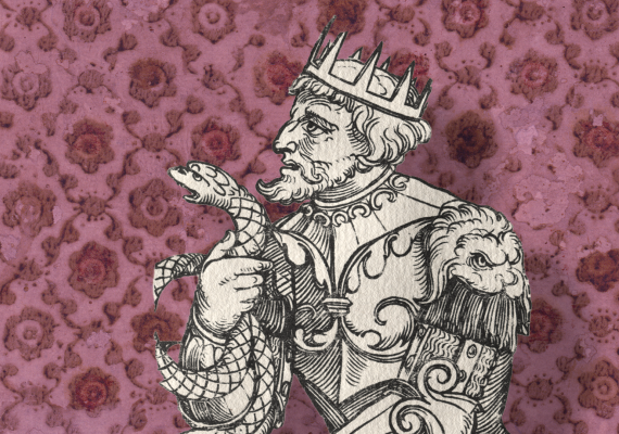 An illustration of a king wearing a crown and armor holding a snake against a decorative background.