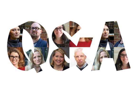 Headshot photographs visible through the letters Q & A.
