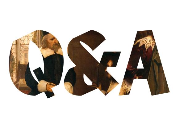 painting of three men visible through the letters Q and A.