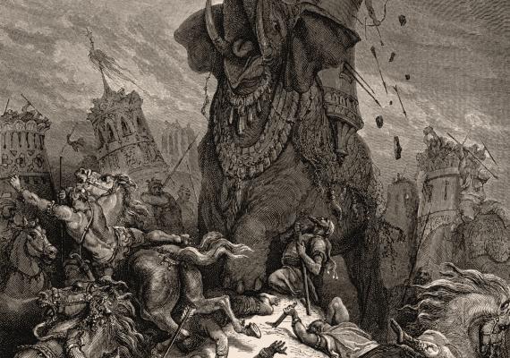 Engraved illustration featuring a chaotic battle in which elephants trample soldiers, but one man crouches underneath one of the animals to stab it in the chest.
