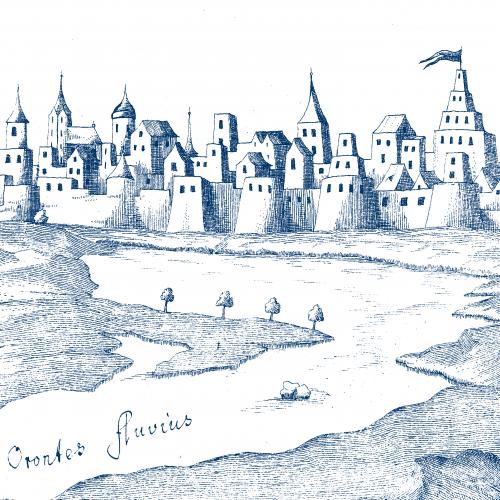 Illustrated medieval city with river