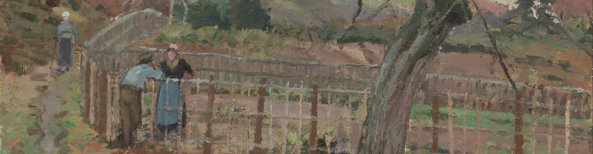 Impressionist painting depicting two people talking across a fence.