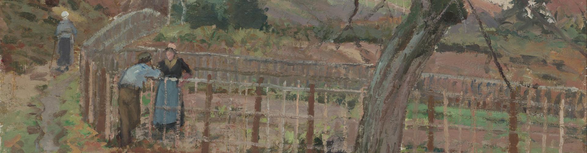 Impressionist painting of two people talking across a fence nest to a path and a large tree.